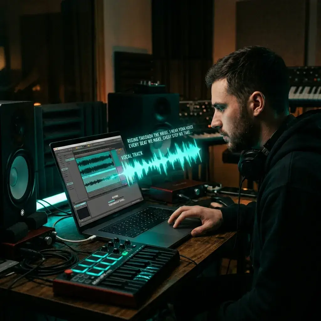 Musikproduzent lädt einen Beat hoch und ergänzt Lyrics für einen Song mit KI-Gesang