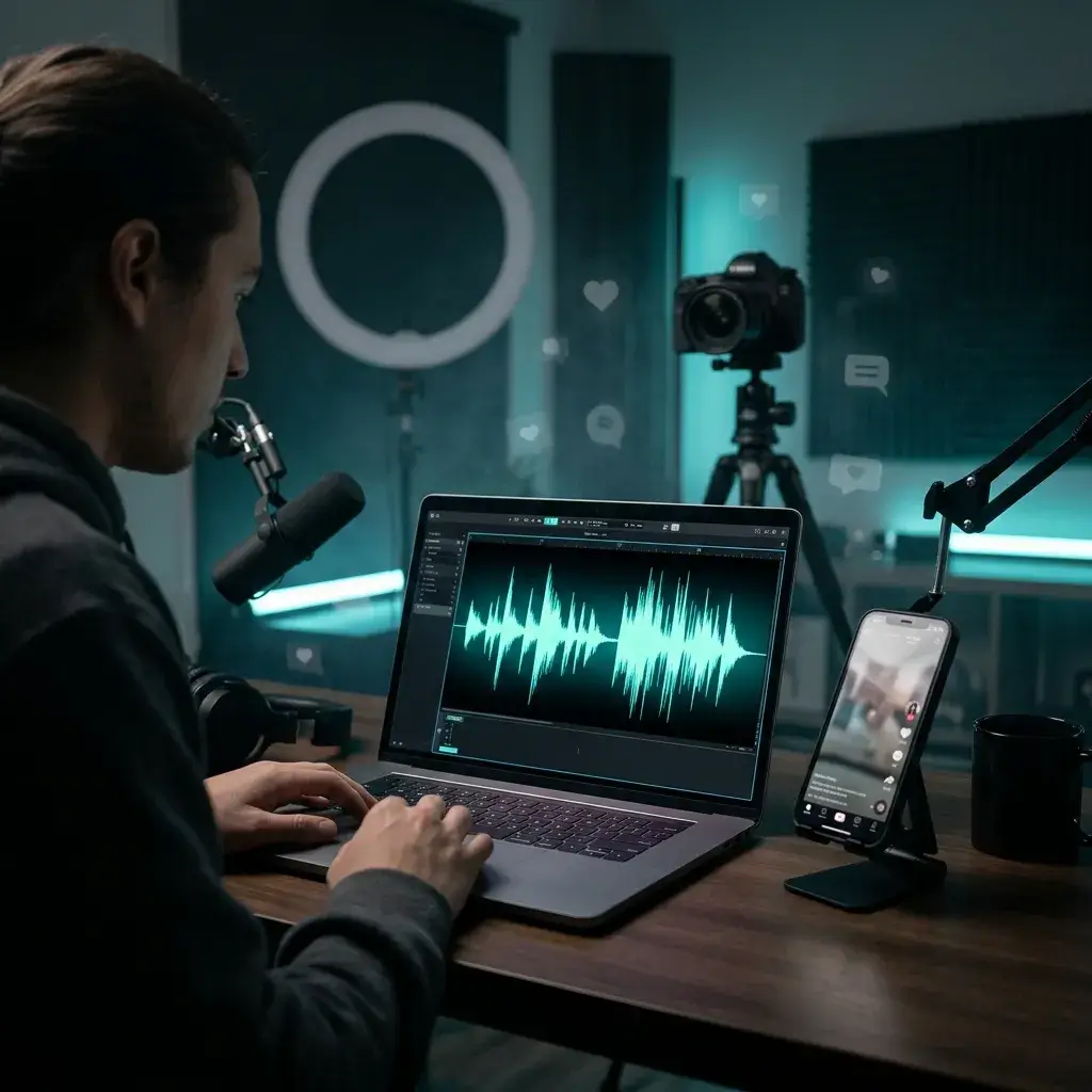 Content-Creatorin erstellt einen eigenen Vocal-Track für ein Social-Media-Video
