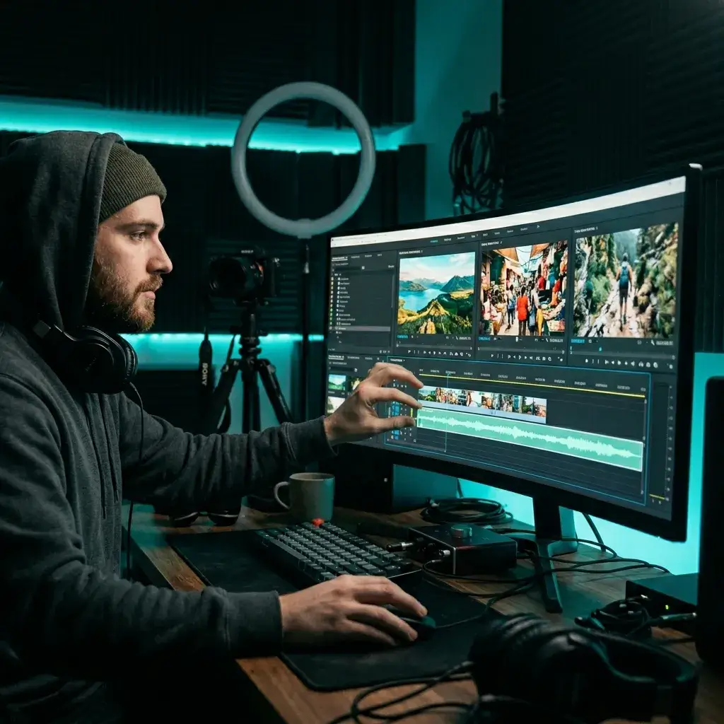 Content-Ersteller synchronisiert KI-generierte Hintergrundmusik mit einer YouTube-Video-Timeline in einem dunklen Schnittstudio