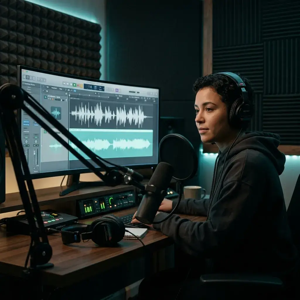 Podcast-Produzent, der in einem Aufnahmestudio einen sanften, von der KI generierten Unterstrich unter einer Sprachspur vorhört