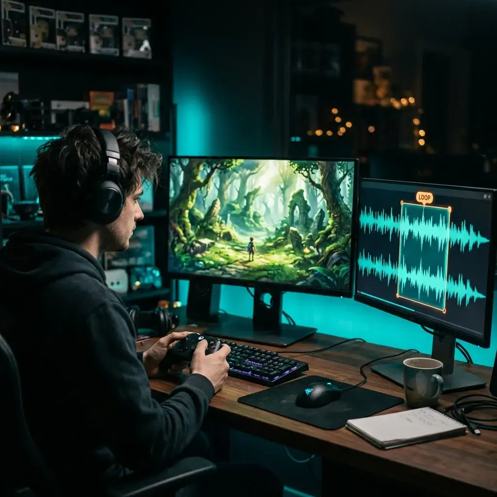 Indie-Spieleentwickler integriert in einem dunklen Studio einen KI-generierten Ambient-Loop in ein Fantasy-Spiellevel