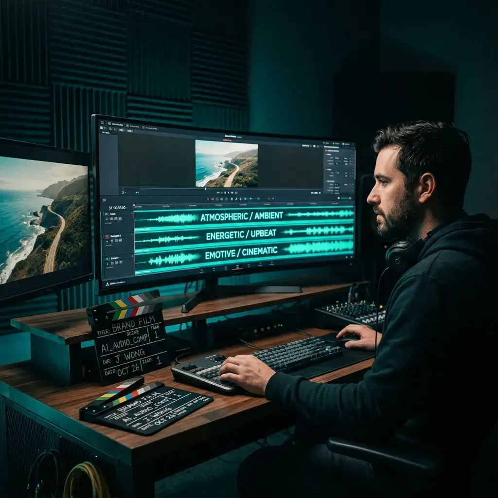 Videoredakteur vertont einen Markenfilm mit mehreren KI-generierten Instrumentalhinweisen auf einer Postproduktionszeitleiste