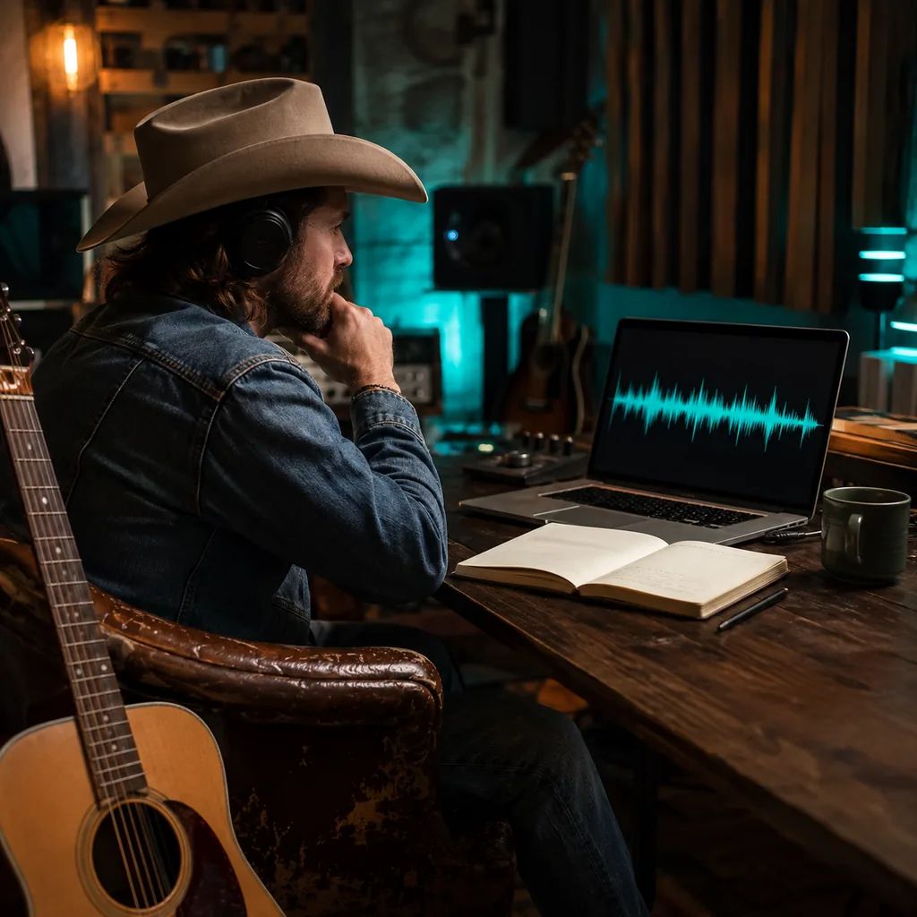 Country songwriter listening to an AI song demo in a home studio