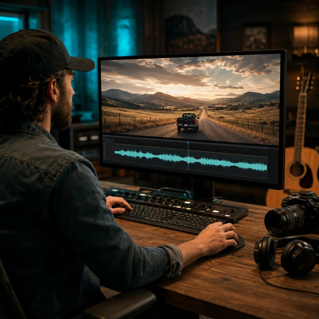 Video editor adding a custom country track to a rural road scene