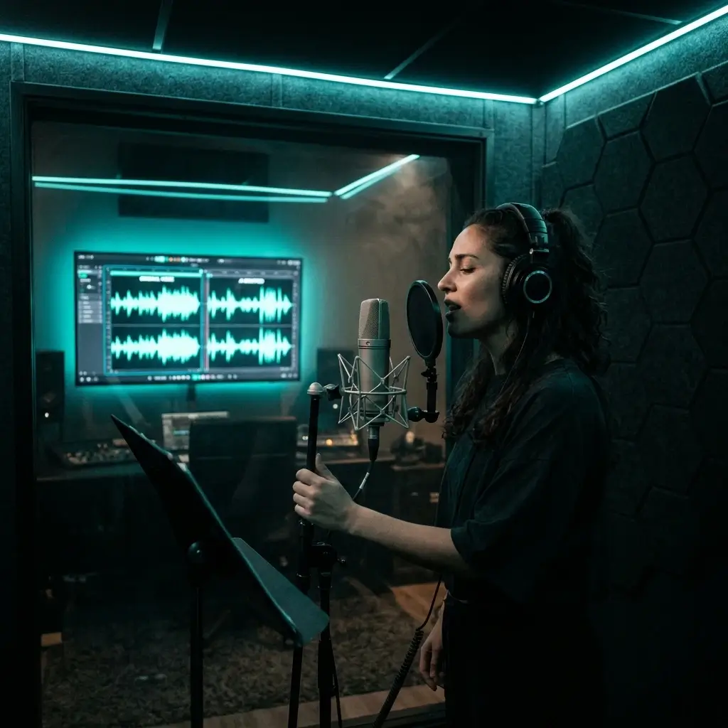 Artist creating AI voice cover in recording studio