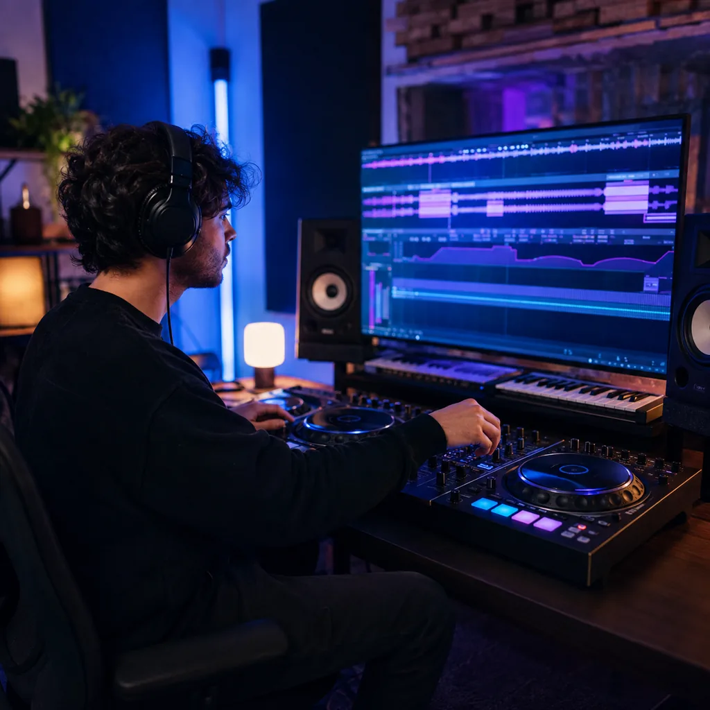 Electronic music producer testing an original EDM build and drop