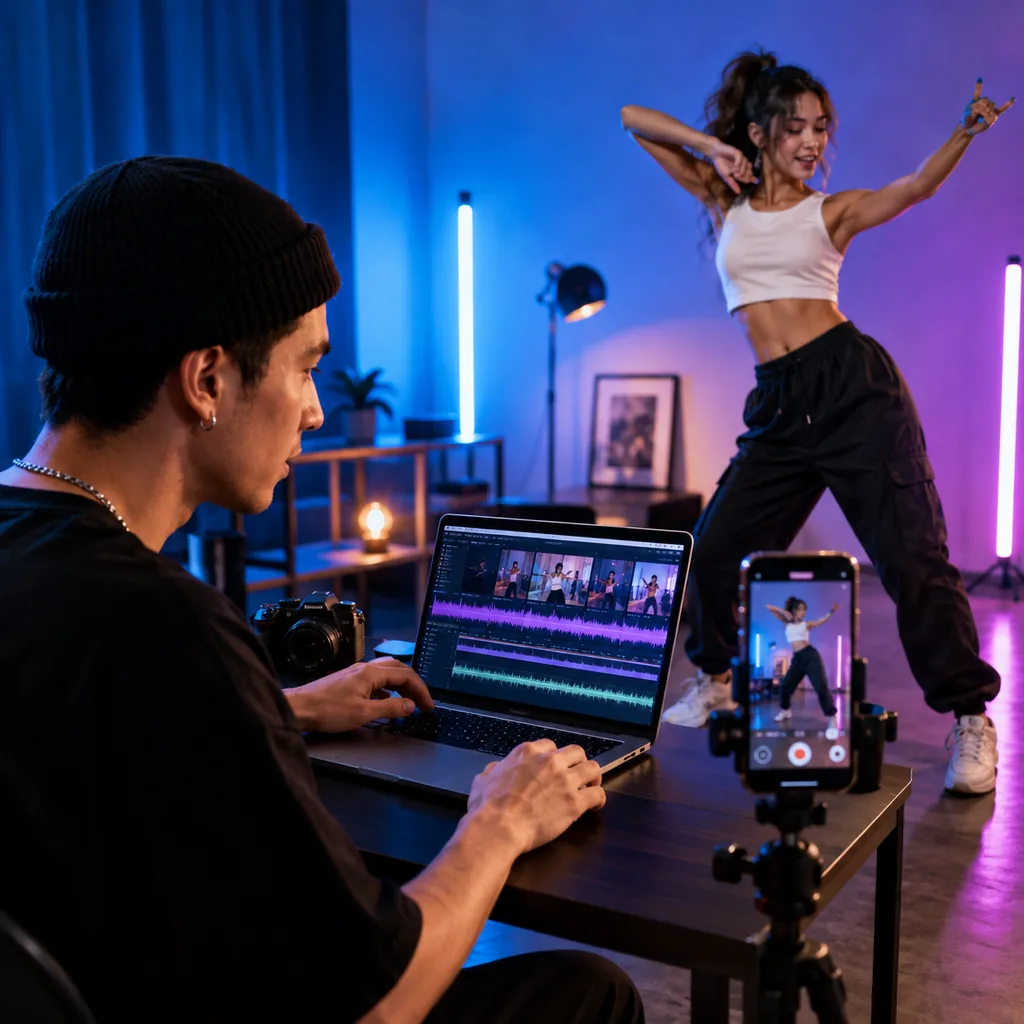 Video creator matching an original EDM track to a vertical dance edit