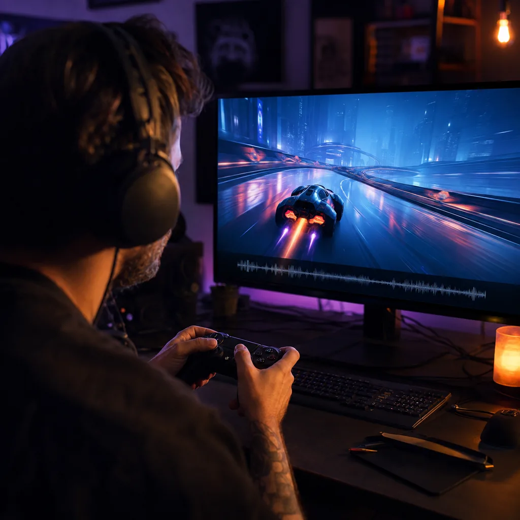 Indie game creator testing electronic music under a racing scene