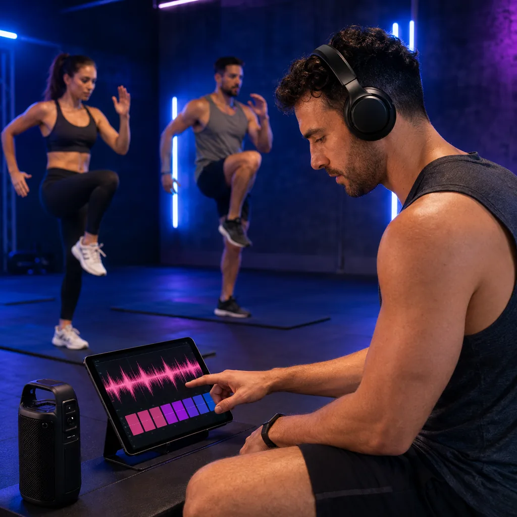 Fitness coach testing an original electronic workout track