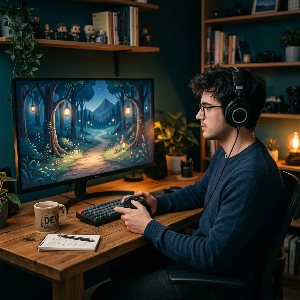 Indie developer playtesting a calm fantasy overworld map with a quiet exploration theme