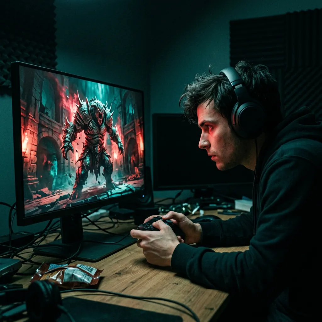 Game developer testing an intense boss battle with a driving soundtrack