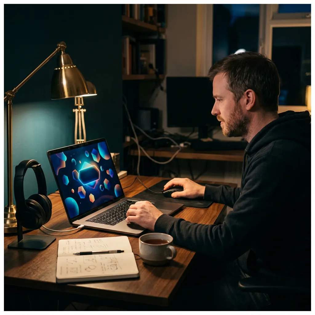 Developer polishing a game main menu on a laptop at a quiet desk
