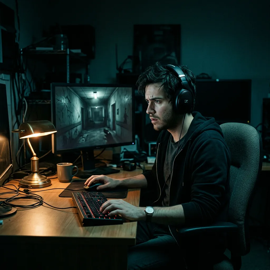 Developer testing a horror game in a dark room with a tense, sparse soundtrack