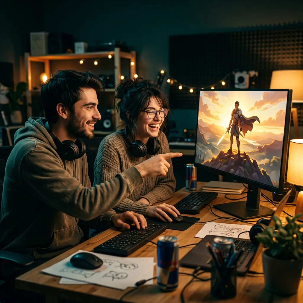 Two game developers reacting to a victory cutscene on a monitor