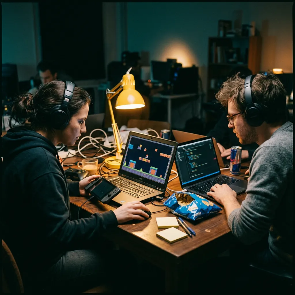 Game jam participants building a platformer prototype at a shared table