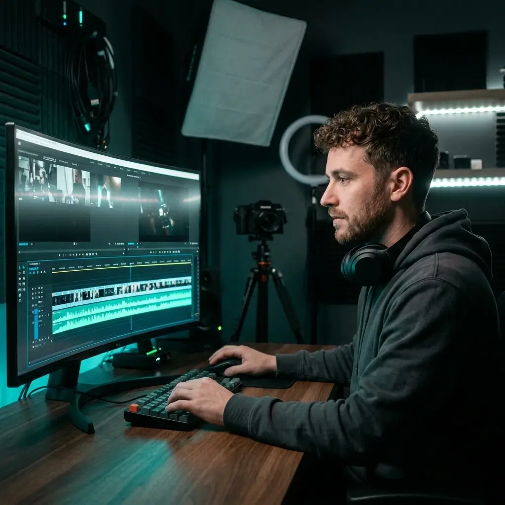 Content creator at a YouTube editing setup with video timeline and teal cyan audio tracks on dual monitors