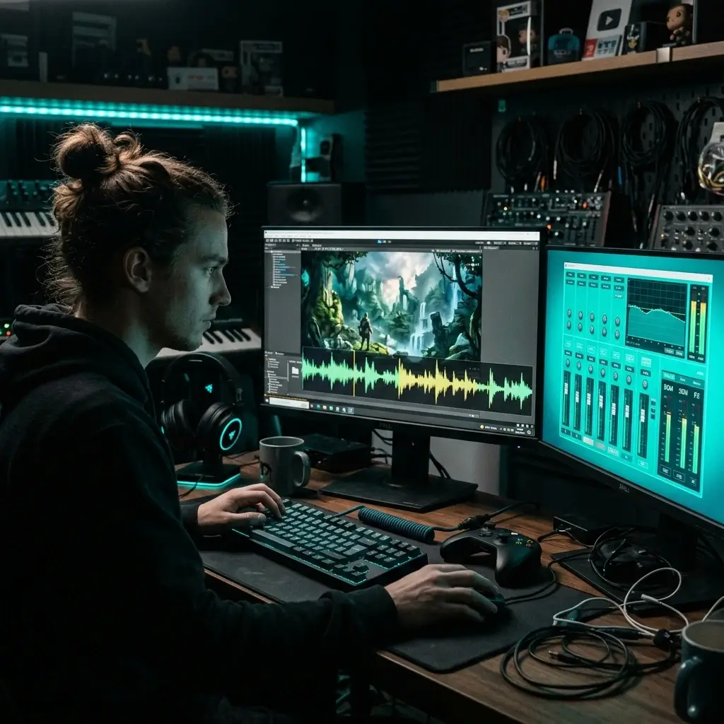 Game developer at desk with game engine and audio waveforms on screen