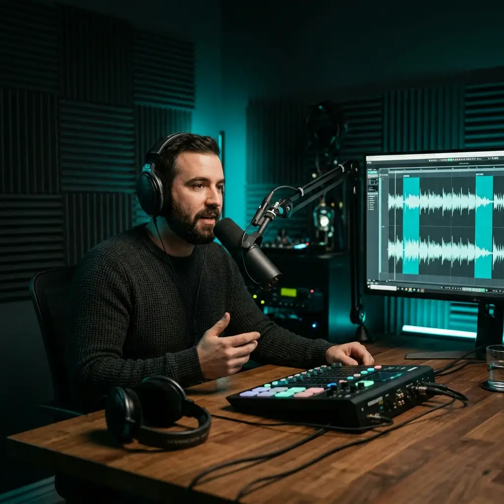 Podcast host at a recording desk with microphone and episode planning notes glowing in teal cyan on screen