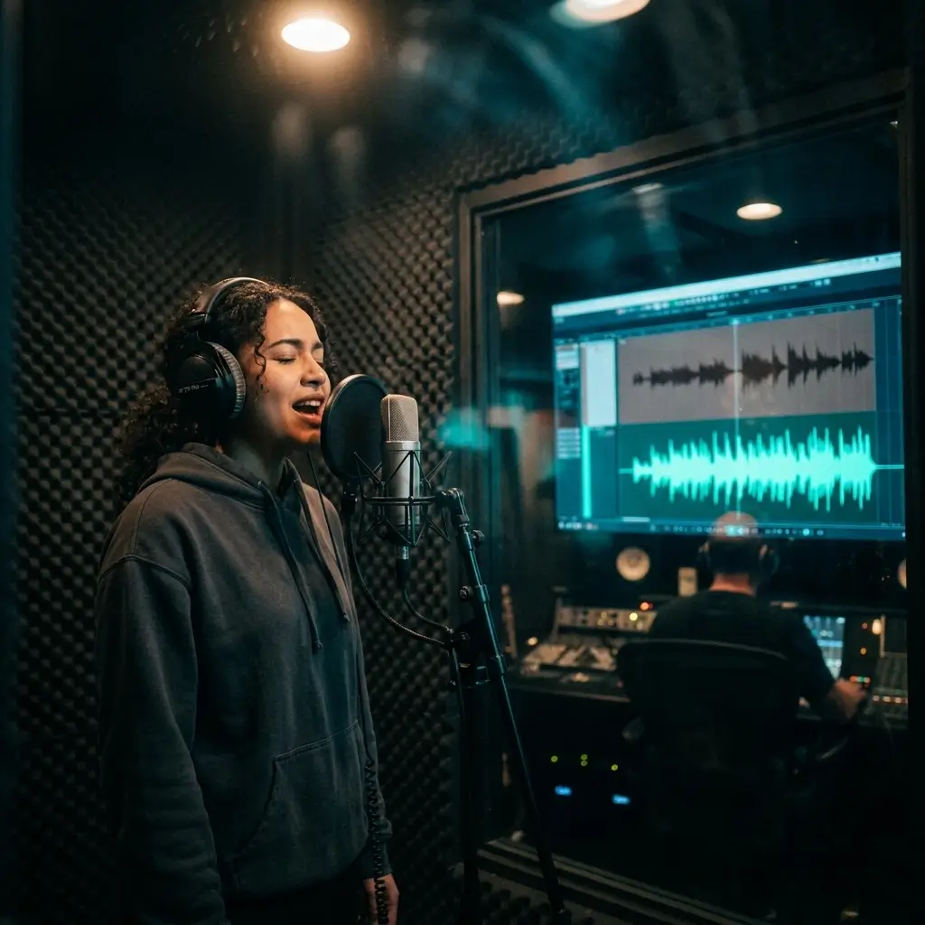 Singer in studio with microphone and instrumental track waveform on screen