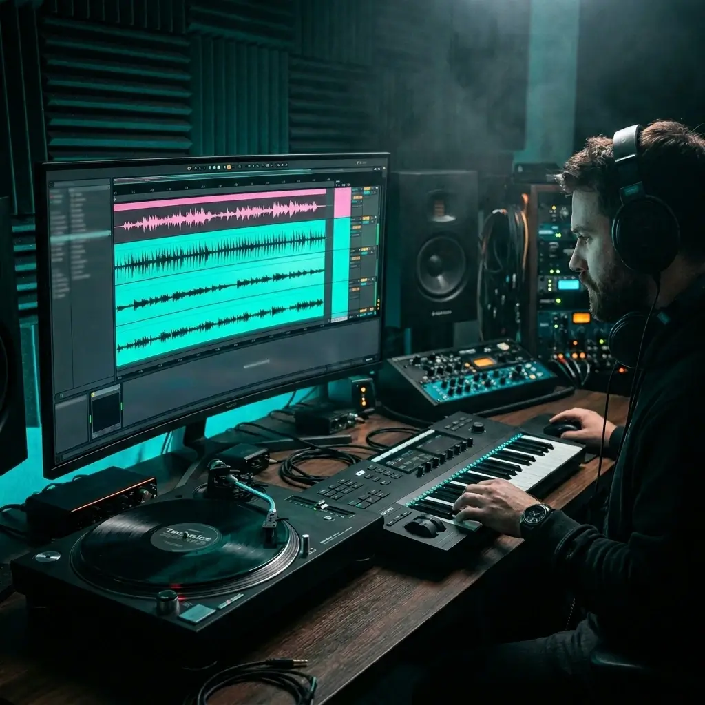 Producer working with separated audio stems on digital audio workstation
