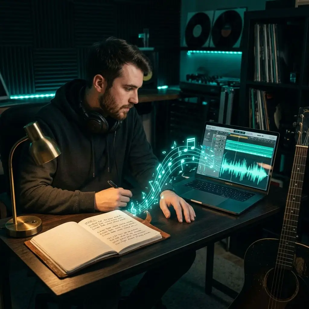 Songwriter with lyrics notebook and AI-generated instrumental on screen