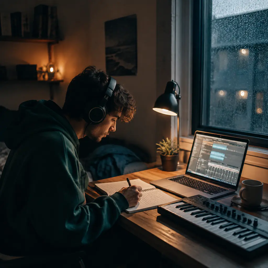 Student writing at a desk while listening to a lo-fi study beat