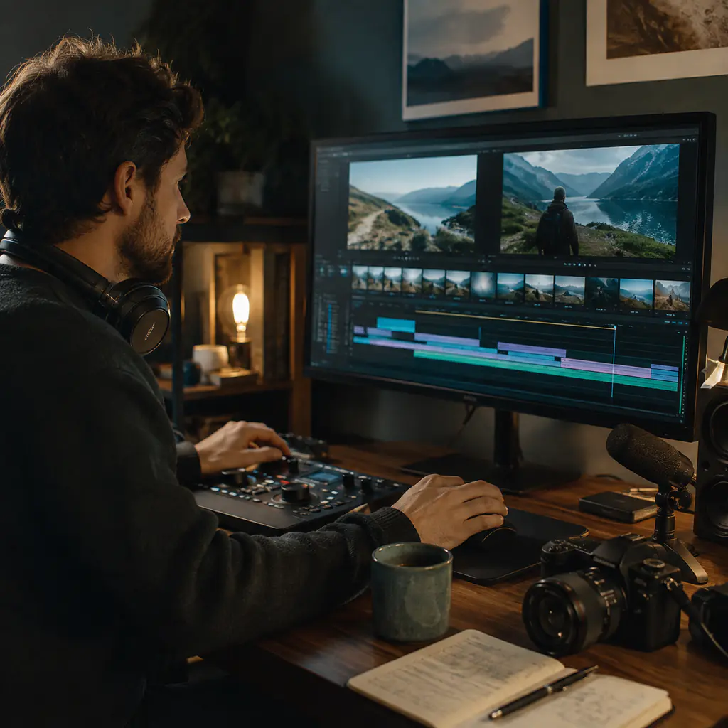 Video creator editing a travel sequence with space for lo-fi background music