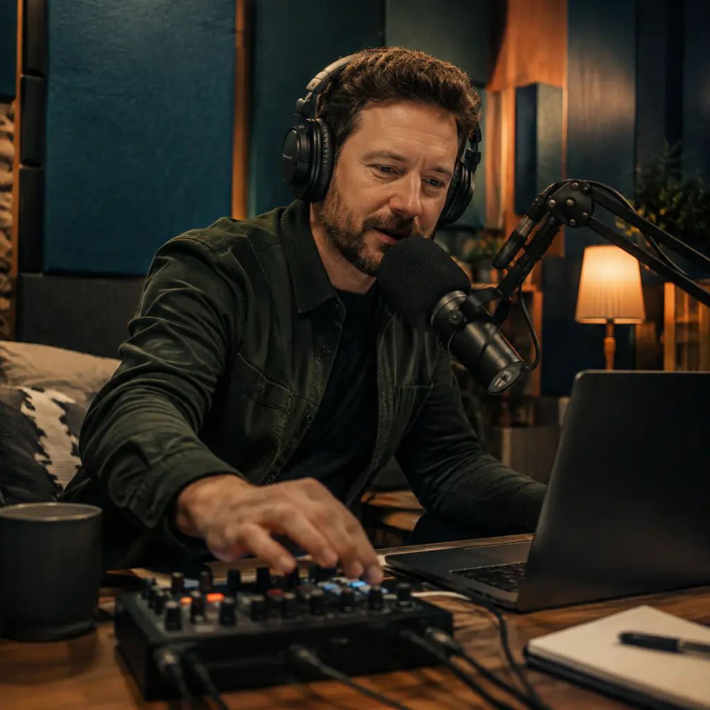 Podcaster adjusting a mellow intro track in a small recording room