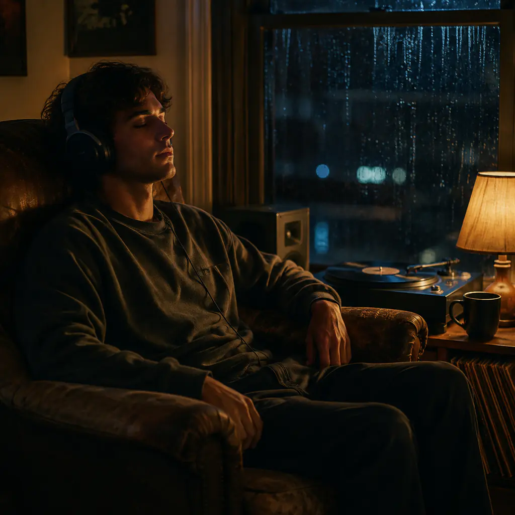 Listener relaxing with headphones beside a rainy window at night
