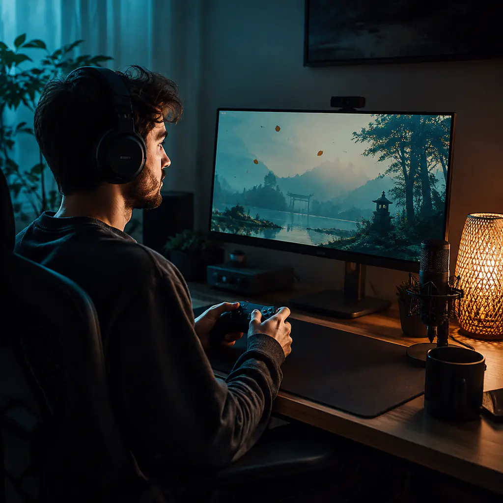 Relaxed streamer playing a calm exploration game with a lo-fi soundtrack