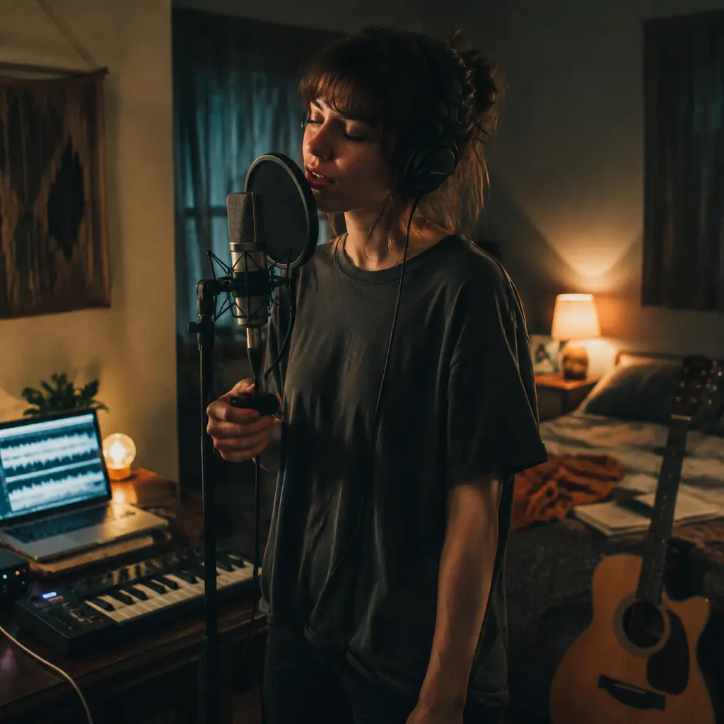 Singer recording a soft lo-fi vocal in a bedroom studio