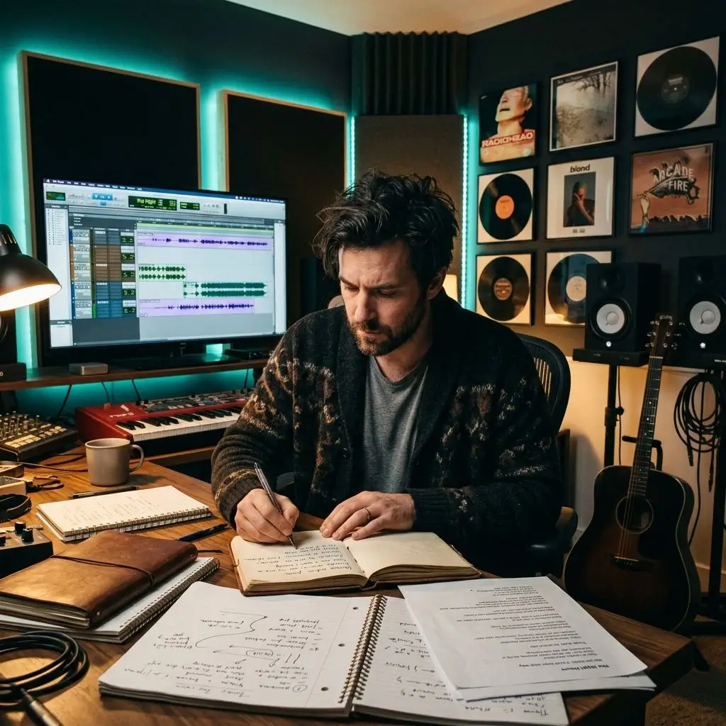 Songwriter working on album lyrics in a dark studio with teal cyan accent lighting