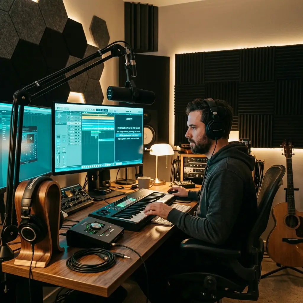Producer creating demo tracks with lyrics on screen in teal cyan glow