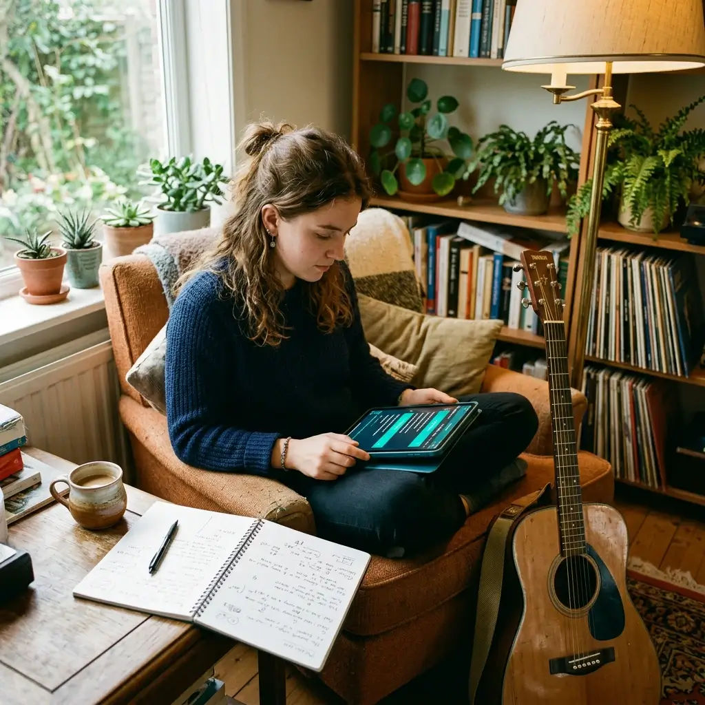 Musician studying song structure on a tablet with teal cyan interface