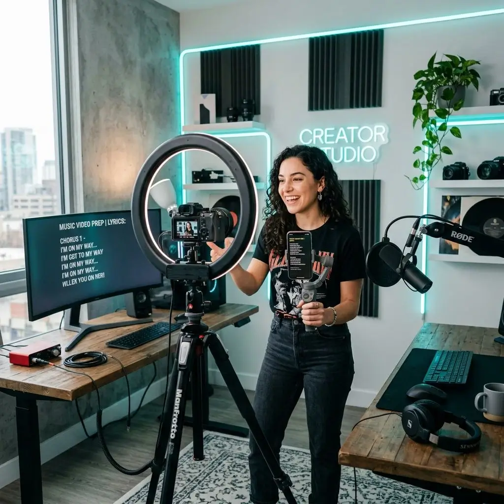 Content creator with lyrics on screen preparing a music video
