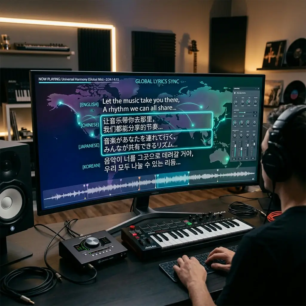 Multilingual lyrics displayed on a monitor with global music elements