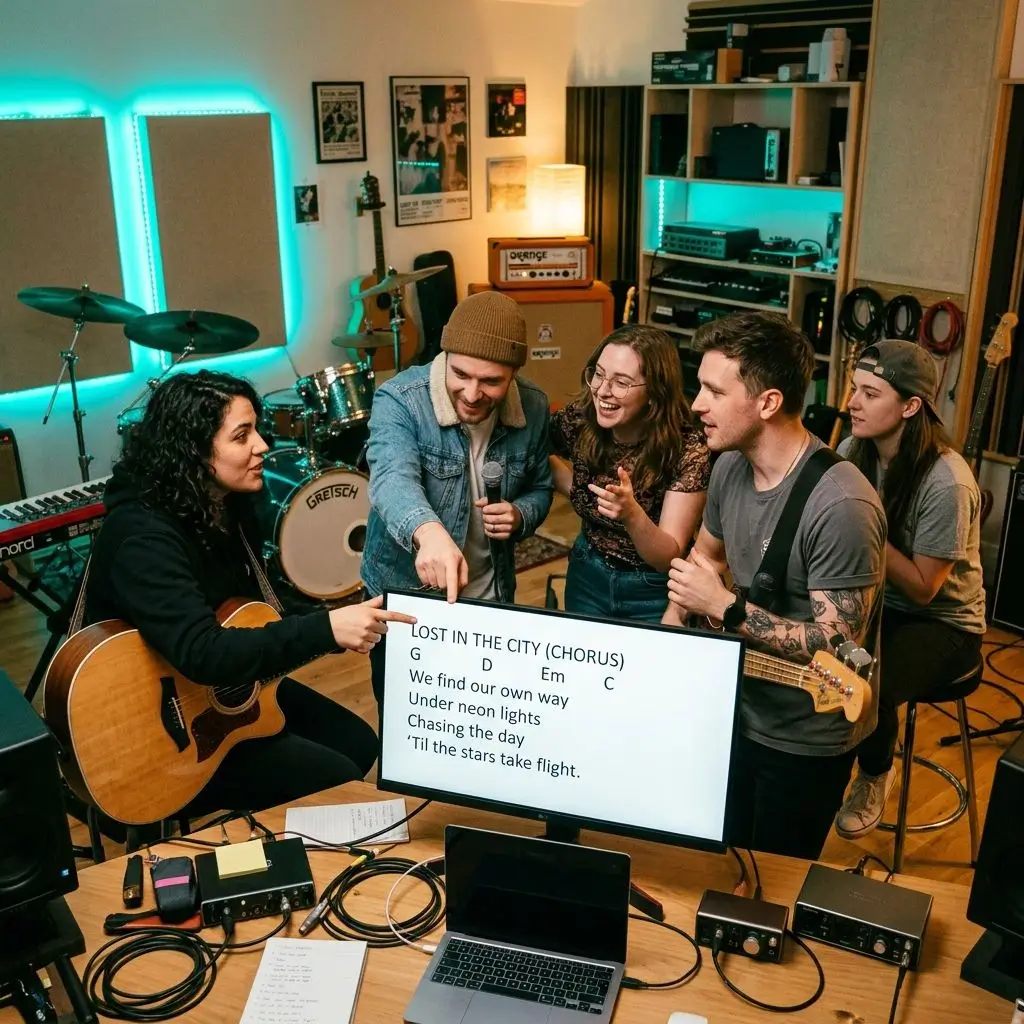 Musicians collaborating on lyrics in a studio with teal cyan lighting