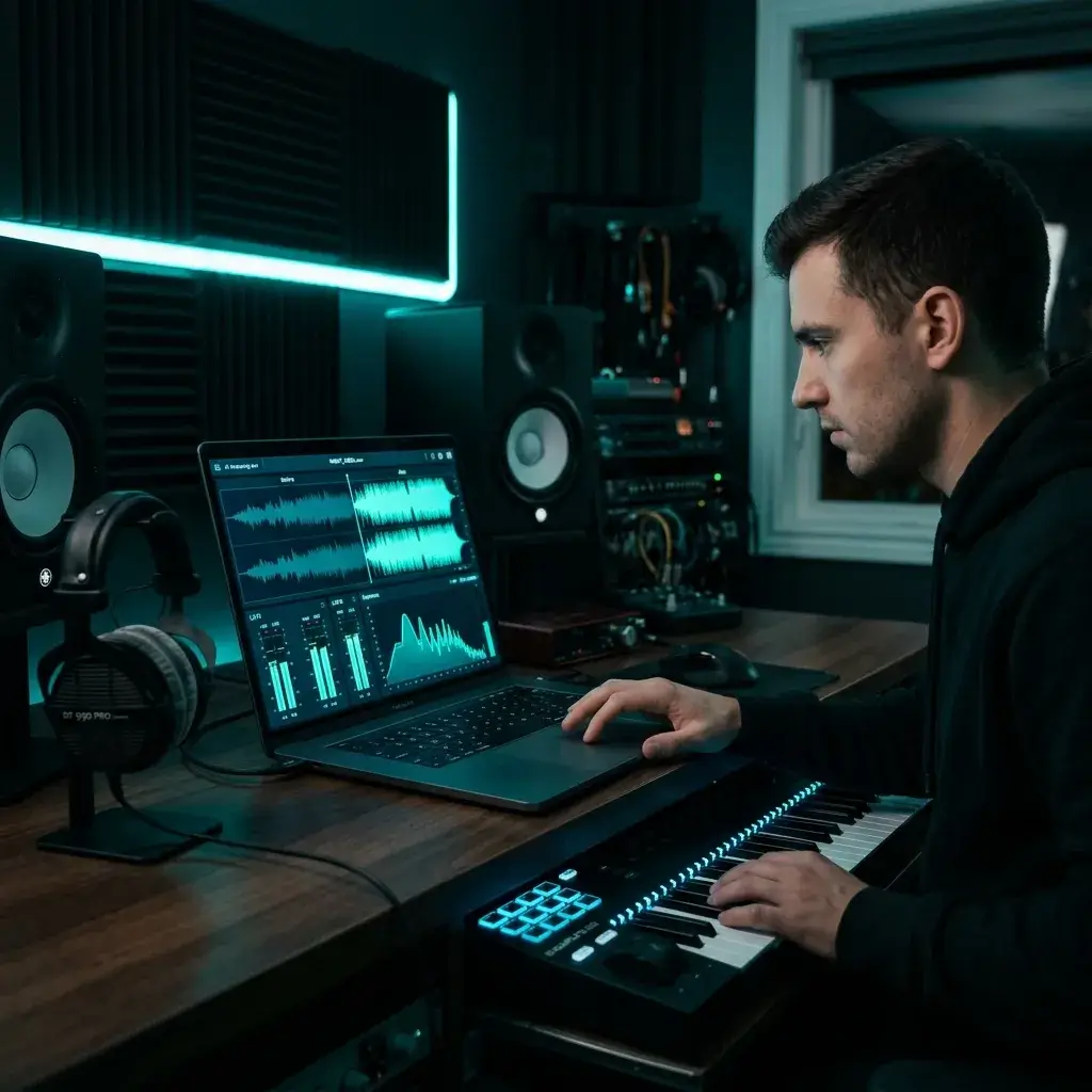Independent music producer uploading a track to an AI mastering tool on a laptop in a home studio