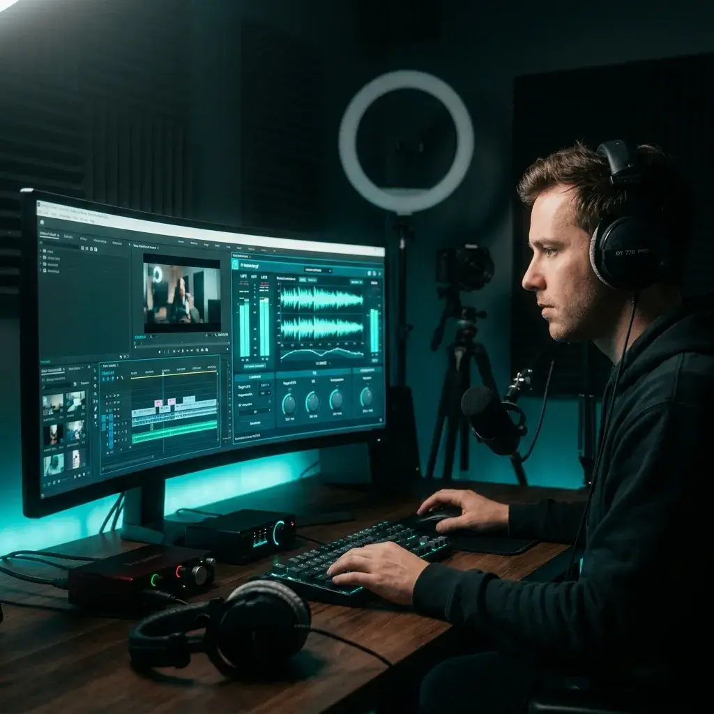 YouTube creator mastering background music for a video project using AI