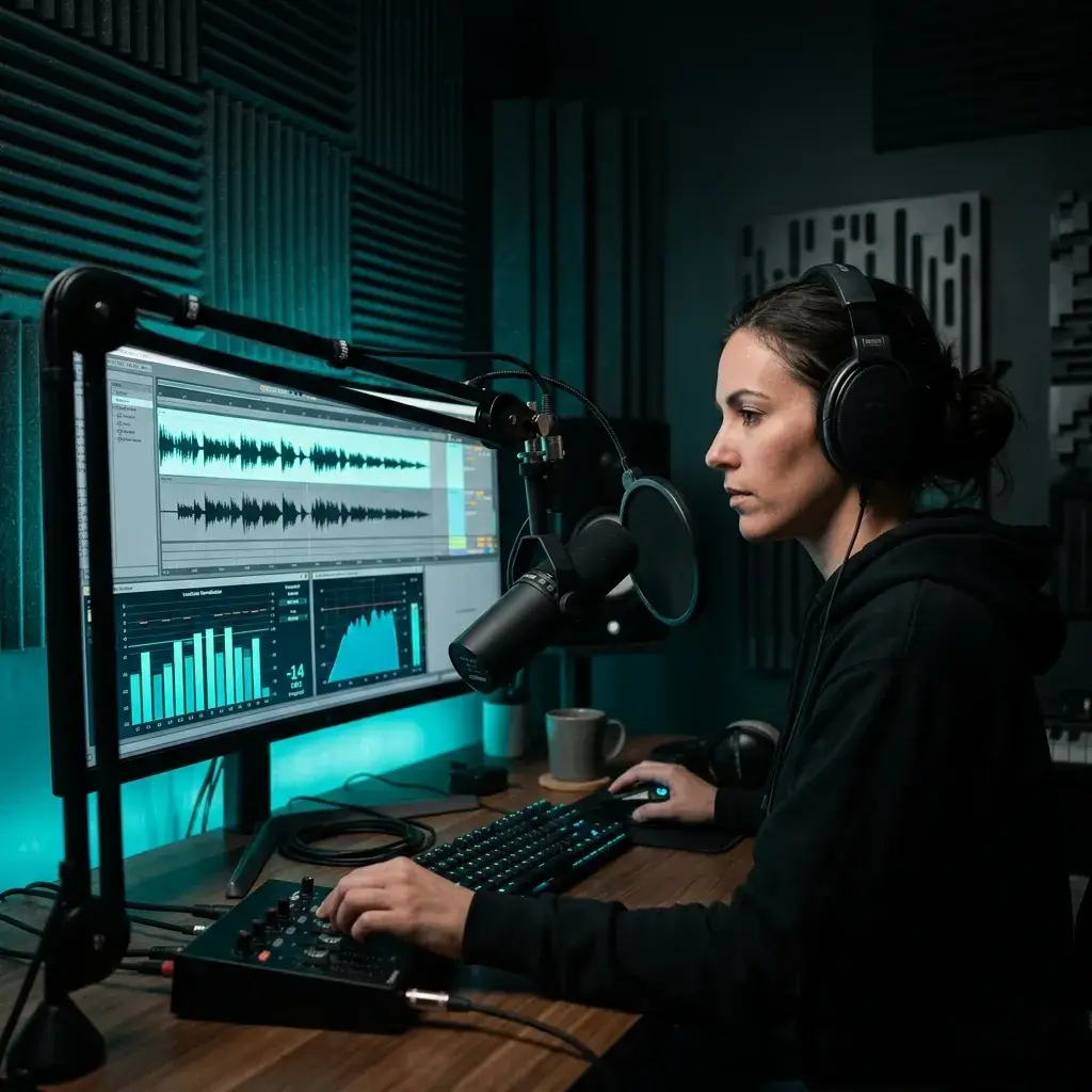 Podcaster mastering intro and outro music with an AI mastering tool
