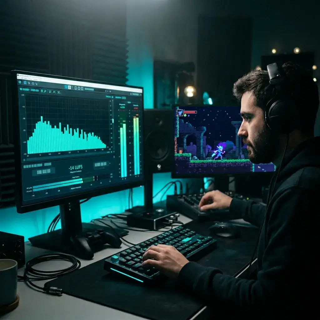 Indie game developer mastering a game soundtrack using AI mastering