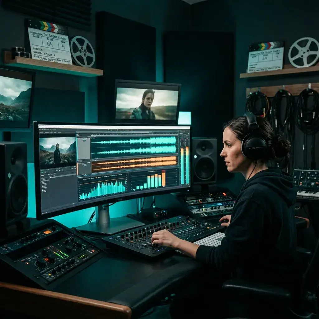 Filmmaker mastering a film score with AI for festival submission
