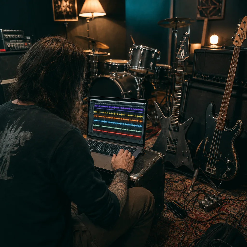 Metal songwriter reviewing a full-band arrangement in a rehearsal room