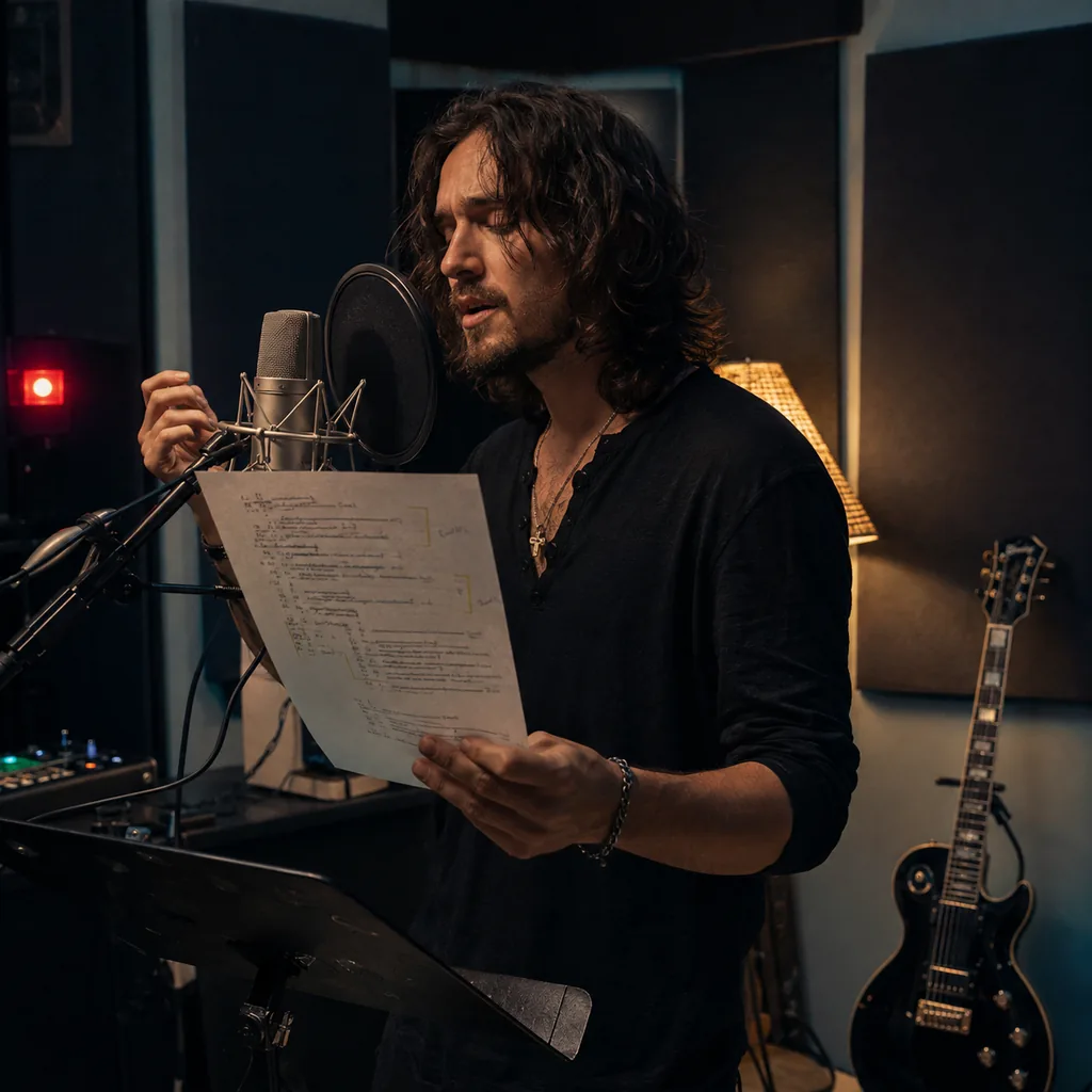 Singer turning original lyrics into a metal song in a recording studio