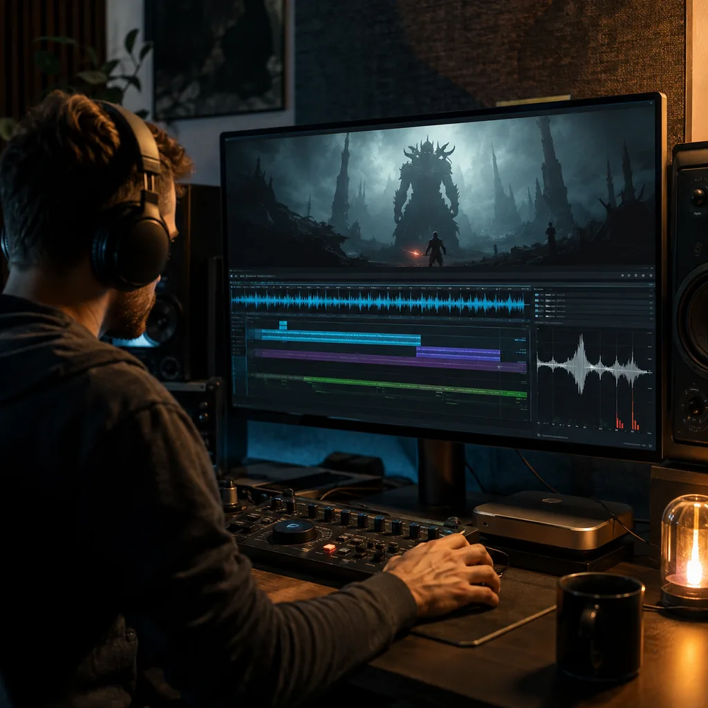 Game audio editor scoring a boss fight with an instrumental metal track