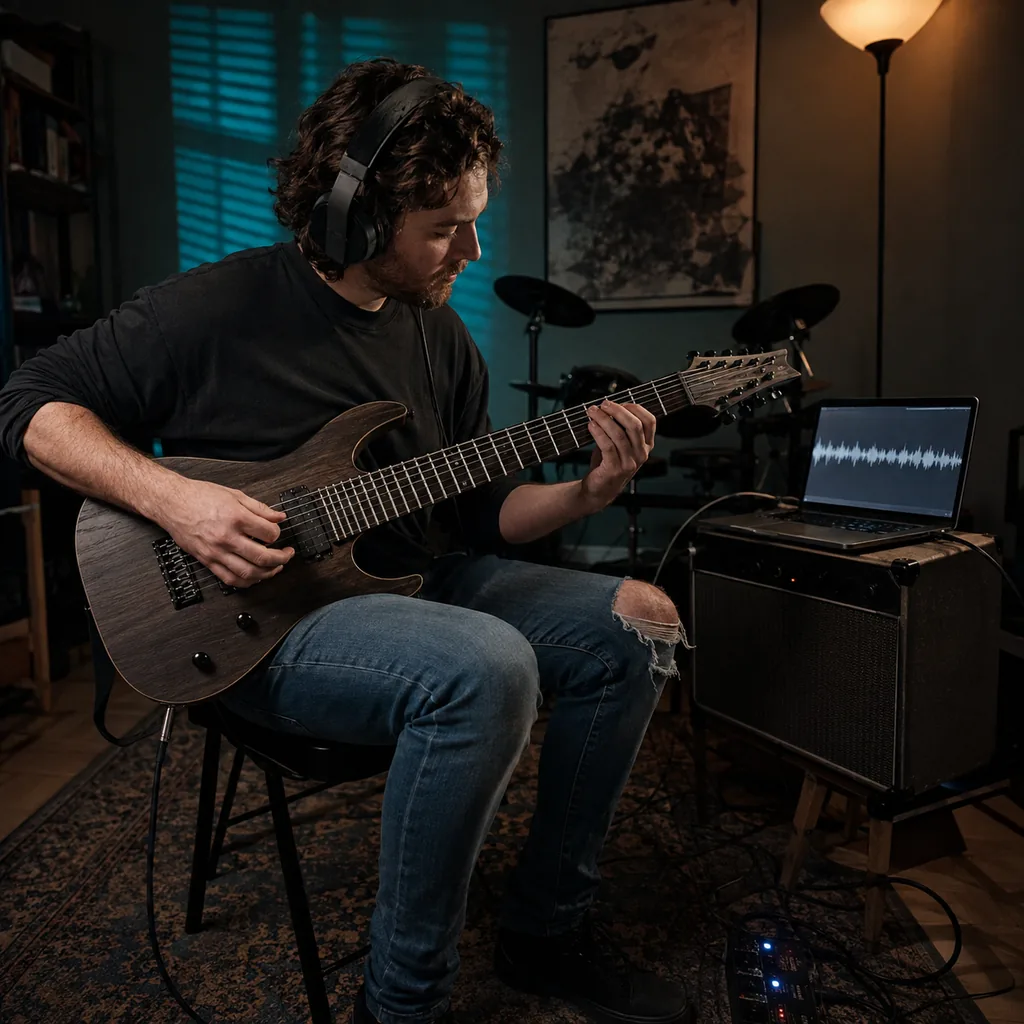 Guitarist practicing a metal riff over a bass-and-drum backing track