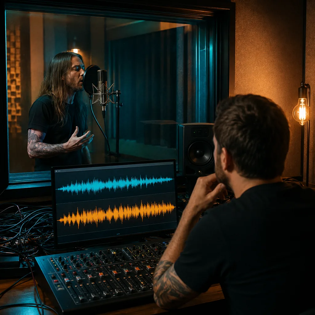 Producer comparing clean and harsh metal vocal takes in a studio