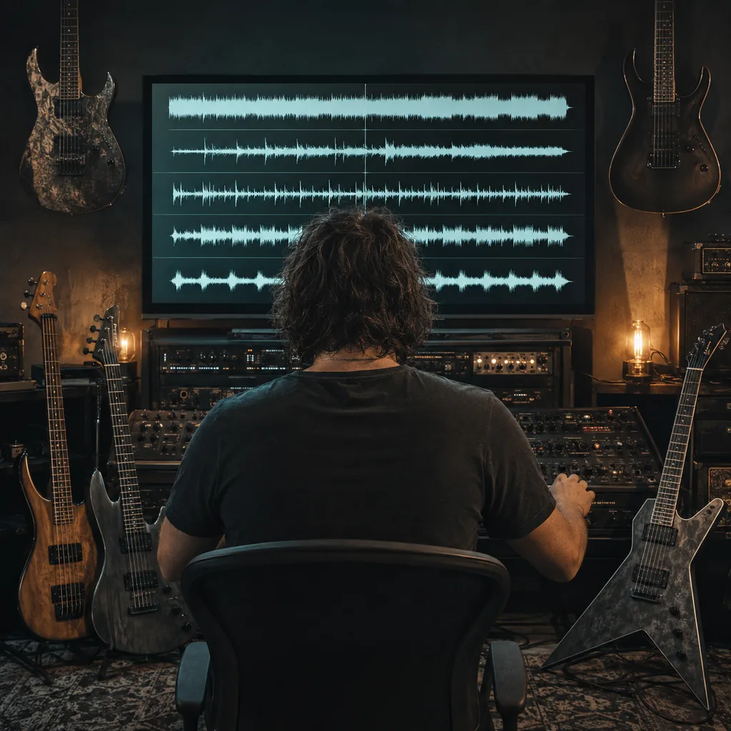 Producer comparing five metal arrangements with guitars and waveform lanes