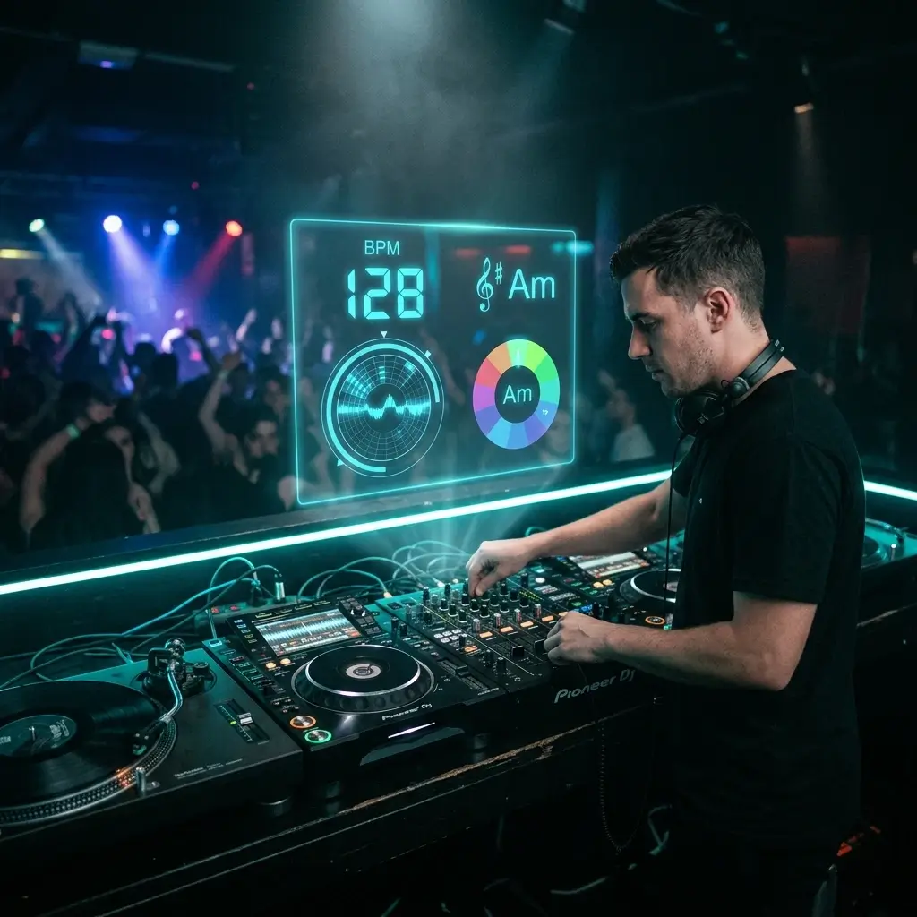 DJ using AI-detected BPM and key data to prepare a harmonic mix