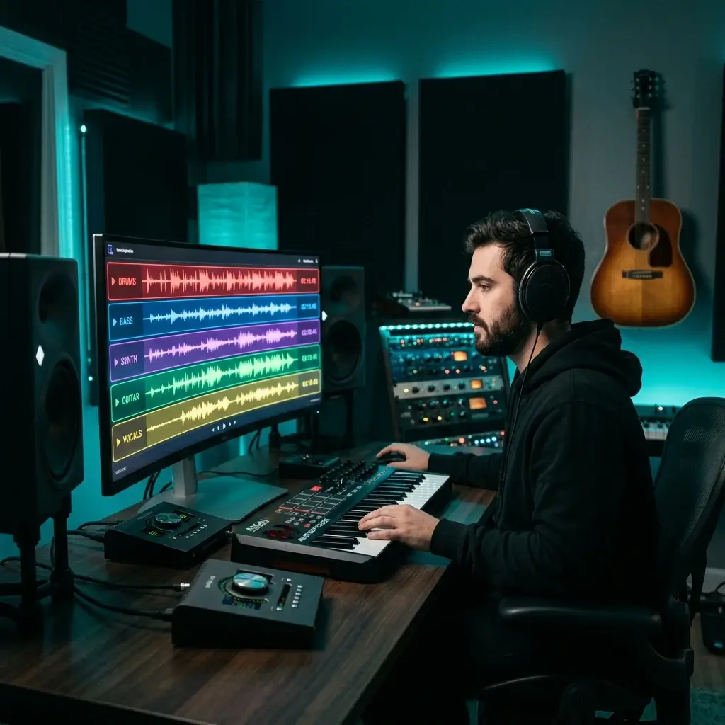 Detailed instrument and vocal analysis breakdown of a song showing separated audio layers